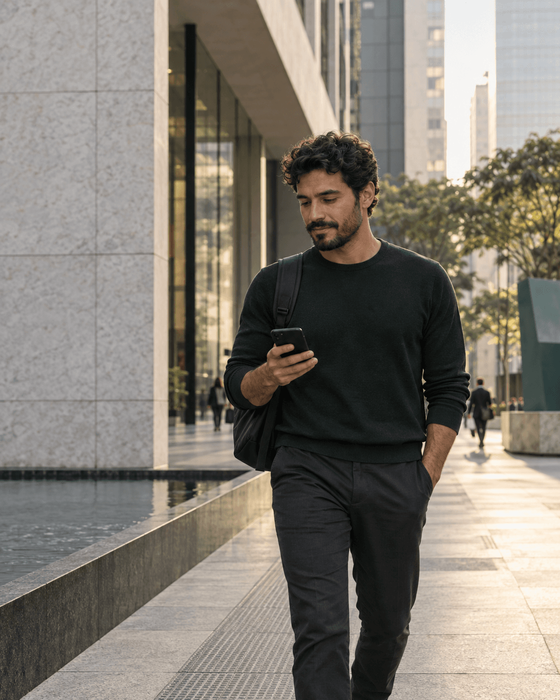 Pessoa usando o celular ao caminhar por um ambiente urbano